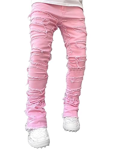 ORANDESIGNE Herren Zerrissene Jeans Hose Slim Fit Denim Lange Jeanshose für Männer Coole Jungen Stretch Freizeithose Hop Hop Destroyed Jeans Hosen I Rosa M von ORANDESIGNE