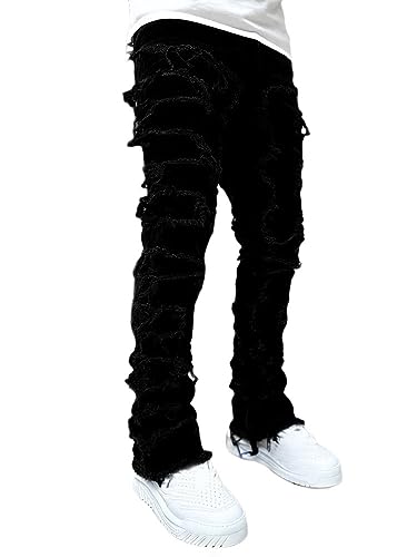 ORANDESIGNE Herren Zerrissene Jeans Hose Slim Fit Denim Lange Jeanshose für Männer Coole Jungen Stretch Freizeithose Hop Hop Destroyed Jeans Hosen I Schwarz M von ORANDESIGNE