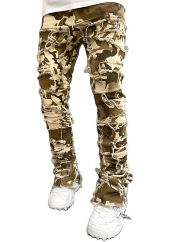 ORANDESIGNE Herren Zerrissene Jeans Hose Slim Fit Denim Lange Jeanshose für Männer Coole Jungen Stretch Freizeithose Hop Hop Destroyed Jeans Hosen I Tarnung M von ORANDESIGNE