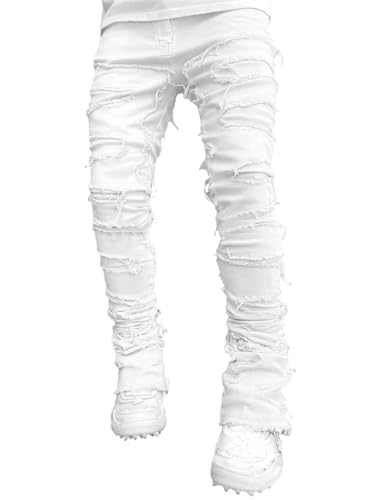 ORANDESIGNE Jeans Herren Coole Schwarze Jeans Skinny Ripped Destroyed Stretch Slim Fit Hop Hop Cargohose Mit Löchern Für Männer Slim Hip-Hop Reißverschluss Jeans I Weiß M von ORANDESIGNE