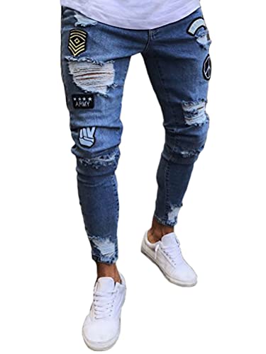 ORANDESIGNE Jeans Herren Coole Schwarze Jeans Skinny Ripped Destroyed Stretch Slim Fit Hop Hop Hose Mit Löchern Für Männer Slim Hip-Hop Reißverschluss Jeans A Blau 3XL von ORANDESIGNE