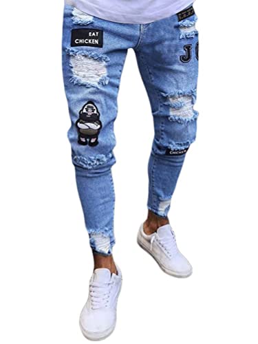 ORANDESIGNE Herren Zerrissene Jeans Hose Slim Fit Denim Lange Jeanshose für Männer Coole Jungen Stretch Freizeithose Hop Hop Destroyed Jeans Hosen B Blau 3XL von ORANDESIGNE