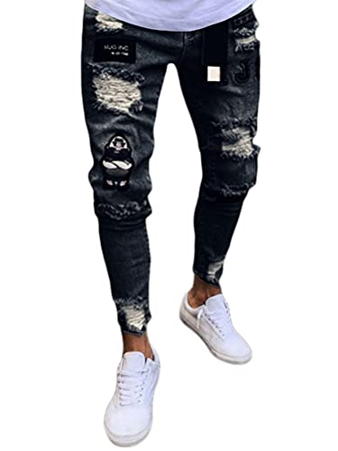 ORANDESIGNE Jeans Herren Coole Schwarze Jeans Skinny Ripped Destroyed Stretch Slim Fit Hop Hop Hose Mit Löchern Für Männer Slim Hip-Hop Reißverschluss Jeans B Schwarz XL von ORANDESIGNE