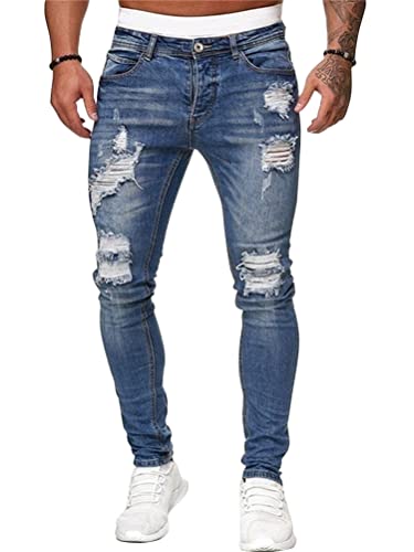 ORANDESIGNE Herren Zerrissene Jeans Hose Slim Fit Denim Lange Jeanshose für Männer Coole Jungen Stretch Freizeithose Hop Hop Destroyed Jeans Hosen C Blau L von ORANDESIGNE