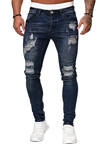 ORANDESIGNE Herren Zerrissene Jeans Hose Slim Fit Denim Lange Jeanshose für Männer Coole Jungen Stretch Freizeithose Hop Hop Destroyed Jeans Hosen C Dunkelblau XS von ORANDESIGNE