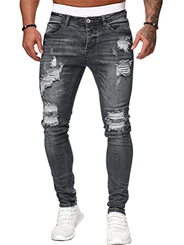 ORANDESIGNE Jeans Herren Coole Schwarze Jeans Skinny Ripped Destroyed Stretch Slim Fit Hop Hop Hose Mit Löchern Für Männer Slim Hip-Hop Reißverschluss Jeans C Grau M von ORANDESIGNE