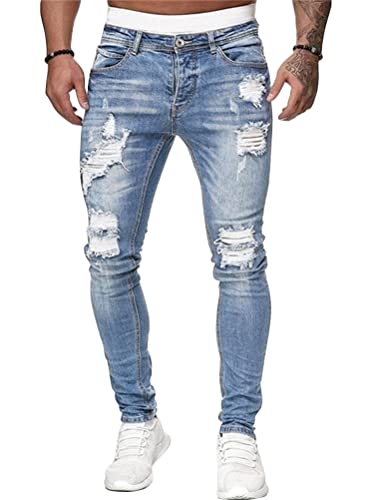 ORANDESIGNE Herren Zerrissene Jeans Hose Slim Fit Denim Lange Jeanshose für Männer Coole Jungen Stretch Freizeithose Hop Hop Destroyed Jeans Hosen C Hellblau L von ORANDESIGNE