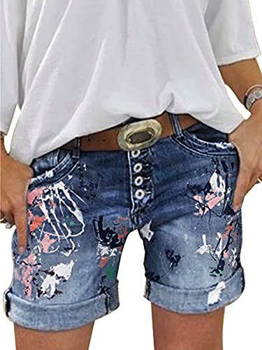 ORANDESIGNE Jeans Short Damen High Waist Denim Bermuda Shorts Basic Stretch Shorts mit Aufschlag Einfarbig Knielange Hose Short Boyfriend Caprihose im Used Look Stretch Hotpants 11 Dunkelblau L von ORANDESIGNE