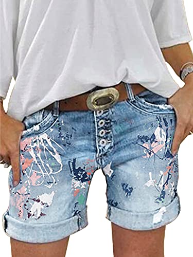 ORANDESIGNE Jeans Short Damen High Waist Denim Bermuda Shorts Basic Stretch Shorts mit Aufschlag Einfarbig Knielange Hose Short Boyfriend Caprihose im Used Look Stretch Hotpants 11 Hellblau XS von ORANDESIGNE