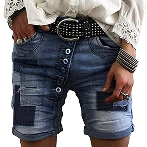 ORANDESIGNE Jeans Short Damen High Waist Denim Bermuda Shorts Basic Stretch Shorts mit Aufschlag Einfarbig Knielange Hose Short Boyfriend Caprihose im Used Look Stretch Hotpants 12 Dunkelblau S von ORANDESIGNE