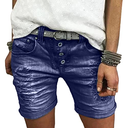 ORANDESIGNE Jeans Short Damen High Waist Denim Bermuda-Shorts Basic Stretch Shorts mit Aufschlag Einfarbig Kurze Hose Short Boyfriend Caprihose im Used Look Stretch Hotpants 04 Blau 3XL von ORANDESIGNE