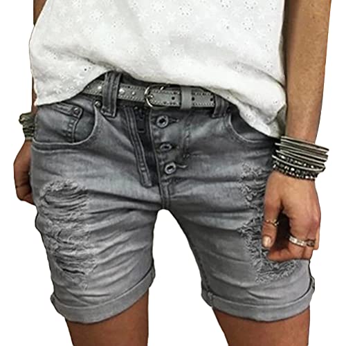 ORANDESIGNE Jeans Short Damen High Waist Denim Bermuda-Shorts Basic Stretch Shorts mit Aufschlag Einfarbig Kurze Hose Short Boyfriend Caprihose im Used Look Stretch Hotpants 04 Grau 3XL von ORANDESIGNE