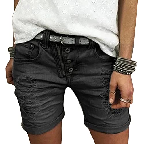 ORANDESIGNE Jeans Short Damen High Waist Denim Bermuda-Shorts Basic Stretch Shorts mit Aufschlag Einfarbig Kurze Hose Short Boyfriend Caprihose im Used Look Stretch Hotpants 04 Schwarz XL von ORANDESIGNE