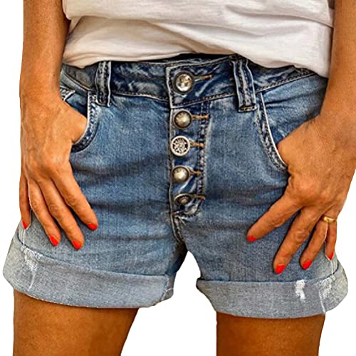 ORANDESIGNE Jeans Short Damen High Waist Denim Bermuda-Shorts Basic Stretch Shorts mit Aufschlag Einfarbig Kurze Hose Short Boyfriend Caprihose im Used Look Stretch Hotpants 08 Blau L von ORANDESIGNE