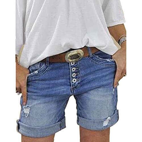 ORANDESIGNE Jeans Short Damen High Waist Denim Bermuda-Shorts Basic Stretch Shorts mit Aufschlag Einfarbig Kurze Hose Short Boyfriend Caprihose im Used Look Stretch Hotpants 10 Blau XL von ORANDESIGNE