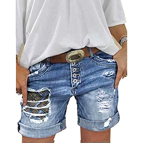 ORANDESIGNE Jeans Short Damen High Waist Denim Bermuda-Shorts Basic Stretch Shorts mit Aufschlag Einfarbig Spitze Kurze Hose Short Boyfriend Caprihose im Used Look Stretch Hotpants 09 Blau L von ORANDESIGNE