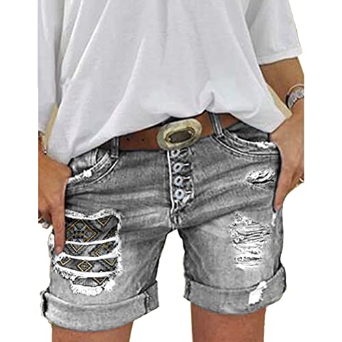 ORANDESIGNE Jeans Short Damen High Waist Denim Bermuda-Shorts Basic Stretch Shorts mit Aufschlag Einfarbig Spitze Kurze Hose Short Boyfriend Caprihose im Used Look Stretch Hotpants 09 Grau L von ORANDESIGNE