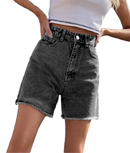 ORANDESIGNE Jeans Shorts Damen High Waist Straight Leg Bermuda Shorts Jeanshosen Kurz Denim Jeans Boyfriend Jeansshorts Sommer Baggy Hotpants Shorts mit Quaste A Dunkelgrau XS von ORANDESIGNE