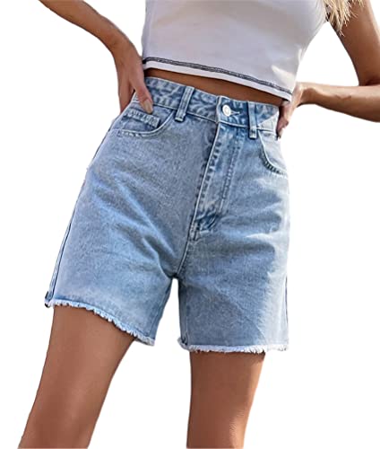 ORANDESIGNE Jeans Shorts Damen High Waist Straight Leg Bermuda Shorts Jeanshosen Kurz Denim Jeans Boyfriend Jeansshorts Sommer Baggy Hotpants Shorts mit Quaste A Hellblau XS von ORANDESIGNE