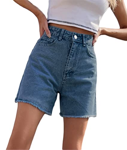 ORANDESIGNE Jeans Shorts Damen High Waist Straight Leg Bermuda Shorts Jeanshosen Kurz Denim Jeans Boyfriend Jeansshorts Sommer Baggy Hotpants Shorts mit Quaste A Navy Blau S von ORANDESIGNE