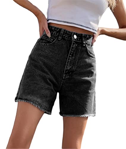 ORANDESIGNE Jeans Shorts Damen High Waist Straight Leg Bermuda Shorts Jeanshosen Kurz Denim Jeans Boyfriend Jeansshorts Sommer Baggy Hotpants Shorts mit Quaste A Schwarz L von ORANDESIGNE