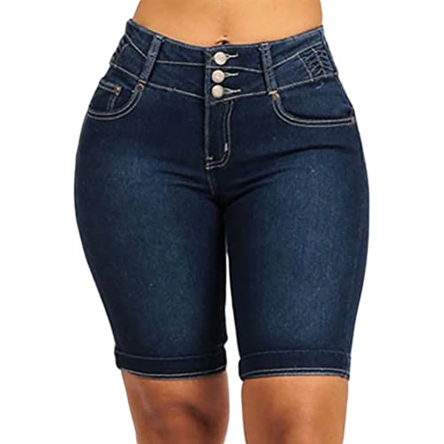 ORANDESIGNE Jeans Shorts Damen High Waist Stretch Bootcut Denim Jeans Sommer Elastisch Bermuda Hose Große Größen Kurz Jeanshose mit Tasche Navy Blau 3XL von ORANDESIGNE