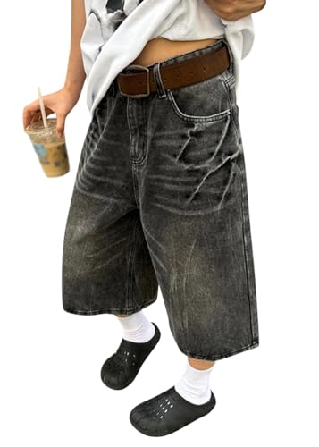 ORANDESIGNE Jeans Shorts Damen Kurze Hose Denim Sommer Retro Jorts Baggy Straight Leg Bermuda Unisex Streetwear Basic Shorts Hose Lässige mit Taschen M Schwarz XL von ORANDESIGNE