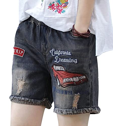 ORANDESIGNE Jeans Shorts Damen Stretch Große Größe Jeans Bermuda Shorts Sommer Tunnelzug Elastische Casual Stoffhose Baumwolle Lose Cargo Shorts mit Taschen Ripped Loch Hotpants Shorts B 07 L von ORANDESIGNE