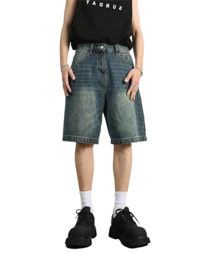 ORANDESIGNE Jeans Shorts Herren Baggy Jeanshorts Sommer Kurze Jeanshose Baggy Y2k Shorts Breite Kurze Jeans Stretch Denim Shorts Hip Hip Jeans Kurze Hose Baggy-Jeans für Männer G Dunkelblau L von ORANDESIGNE