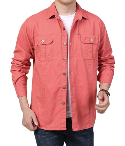ORANDESIGNE Jeanshemden Herren Denim Hemd Regular Fit Button Down Shirt Hemd mit Button Down Kragen Langarmshirt Jeanshemd Freizeithemden Normale Passform Vintage Arbeitshemd A Rot XL von ORANDESIGNE