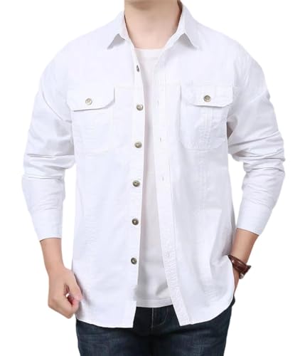 ORANDESIGNE Jeanshemden Herren Denim Hemd Regular Fit Button Down Shirt Hemd mit Button Down Kragen Langarmshirt Jeanshemd Freizeithemden Normale Passform Vintage Arbeitshemd A Weiß 3XL von ORANDESIGNE