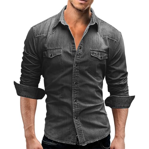 ORANDESIGNE Jeanshemden Herren Denim Hemd Regular Fit Button Down Shirt Hemd mit Button Down Kragen Langarmshirt Jeanshemd Freizeithemden Normale Passform Vintage Arbeitshemd C Grau XL von ORANDESIGNE