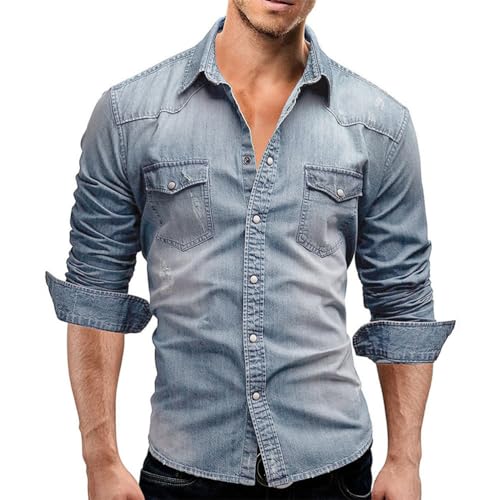 ORANDESIGNE Jeanshemden Herren Denim Hemd Regular Fit Button Down Shirt Hemd mit Button Down Kragen Langarmshirt Jeanshemd Freizeithemden Normale Passform Vintage Arbeitshemd C Hellblau XXL von ORANDESIGNE