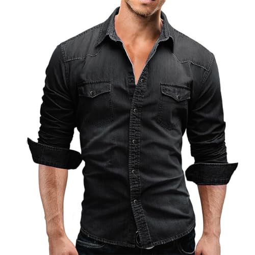 ORANDESIGNE Jeanshemden Herren Denim Hemd Regular Fit Button Down Shirt Hemd mit Button Down Kragen Langarmshirt Jeanshemd Freizeithemden Normale Passform Vintage Arbeitshemd C Schwarz XL von ORANDESIGNE