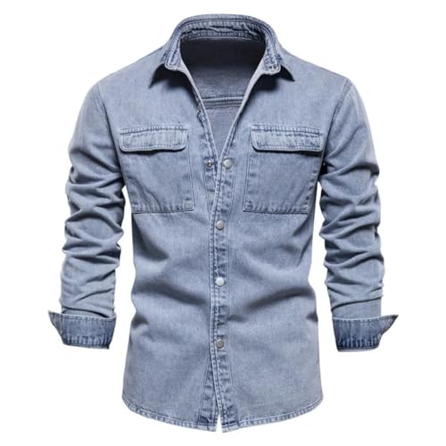ORANDESIGNE Jeanshemden Herren Denim Hemd Regular Fit Button Down Shirt Hemd mit Button Down Kragen Langarmshirt Jeanshemd Freizeithemden Normale Passform Vintage Arbeitshemd H Blau XL von ORANDESIGNE