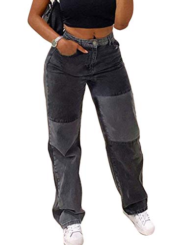 ORANDESIGNE Jeanshose, für Damen, schwarz, Taschen an der hohen Taille, Patchwork, gerader Schnitt, Denim E Grau L von ORANDESIGNE