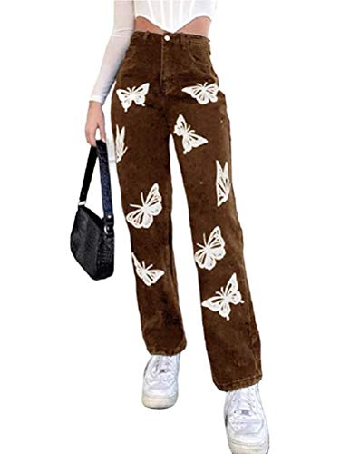 ORANDESIGNE Jeanshose, für Damen, schwarz, Taschen an der hohen Taille, Patchwork, gerader Schnitt, Denim J Braun XS von ORANDESIGNE