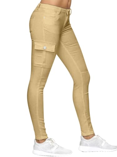 ORANDESIGNE Jeanshose Damen Stretch Röhrenjeans Hüfthose Niedrige Taille Skinny Slim Fit Denim Jeasn Elastisch Chunkyrayan Cargohose Jeans Hose Sommer Jeansoptik Freizeithose Sommerhose A Khaki L von ORANDESIGNE