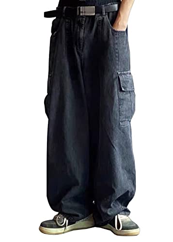 ORANDESIGNE Jeanshosen Herren Hose mit Weitem Bein Jeans Casual Relaxed Fit Jeanshose Denim Hosen Baggy Hip Hop Jeans Vintage Ausgestellte Jeans Straight Leg Streetwear B Schwarz XXL von ORANDESIGNE