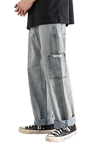 ORANDESIGNE Jeanshosen Herren Hose mit Weitem Bein Jeans Casual Relaxed Fit Jeanshose Denim Hosen Baggy Hip Hop Jeans Vintage Ausgestellte Jeans Straight Leg Streetwear D Blau L von ORANDESIGNE