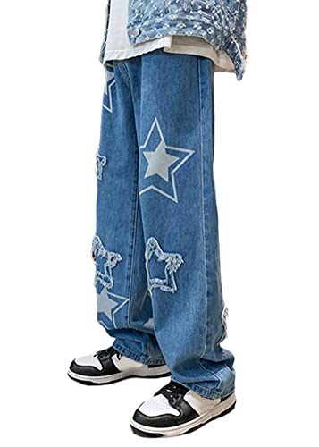 ORANDESIGNE Jeanshosen Herren Hose mit Weitem Bein Jeans Casual Relaxed Fit Jeanshose Denim Hosen Baggy Hip Hop Jeans Vintage Ausgestellte Jeans Straight Leg Streetwear H Blau XXL von ORANDESIGNE