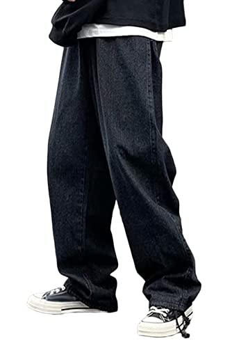 ORANDESIGNE Jeanshosen Herren Hose mit Weitem Bein Jeans Casual Relaxed Fit Jeanshose Denim Hosen Baggy Hip Hop Jeans Vintage Ausgestellte Jeans Straight Leg Streetwear M Schwarz L von ORANDESIGNE