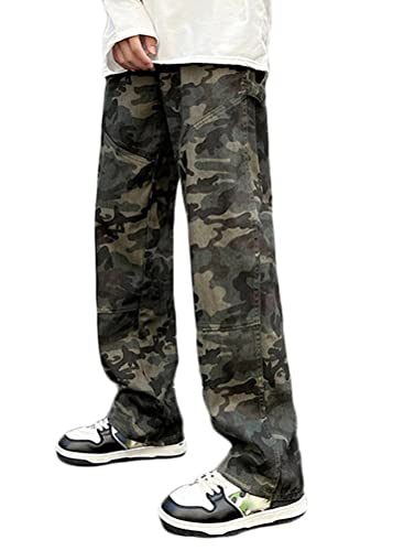 ORANDESIGNE Jeanshosen Herren Hose mit Weitem Bein Jeans Casual Relaxed Fit Jeanshose Denim Hosen Baggy Jeans Hip Hop Jeans Vintage Y2K Straight Leg Streetwear F Tarnung XS von ORANDESIGNE