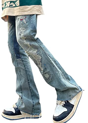 ORANDESIGNE Jeanshosen Herren Hose mit Weitem Bein Patchwork Jeans Casual Relaxed Fit Jeanshose Denim Hosen Baggy Hip Hop Jeans Vintage Y2K Straight Leg Streetwear C Blau S von ORANDESIGNE