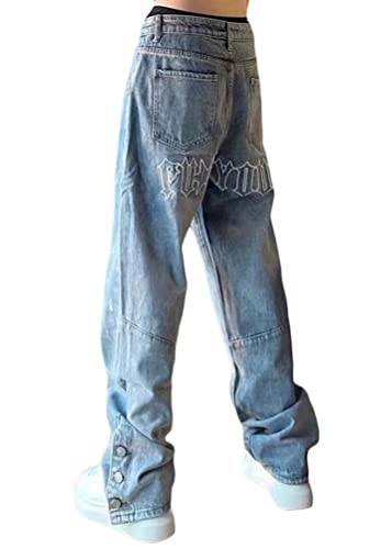 ORANDESIGNE Jeanshosen Herren Hose mit Weitem Bein Patchwork Jeans Casual Relaxed Fit Jeanshose Denim Hosen Baggy Hip Hop Jeans Vintage Y2K Straight Leg Streetwear E Blau L von ORANDESIGNE