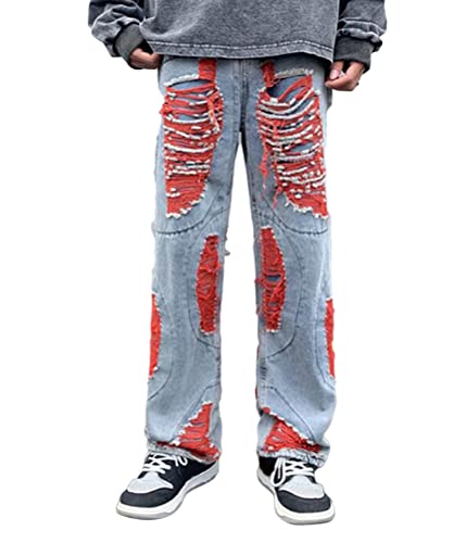 ORANDESIGNE Jeanshosen Herren Hose mit Weitem Bein Patchwork Jeans Casual Relaxed Fit Jeanshose Denim Hosen Baggy Hip Hop Jeans Vintage Y2K Straight Leg Streetwear E Rot 3XL von ORANDESIGNE