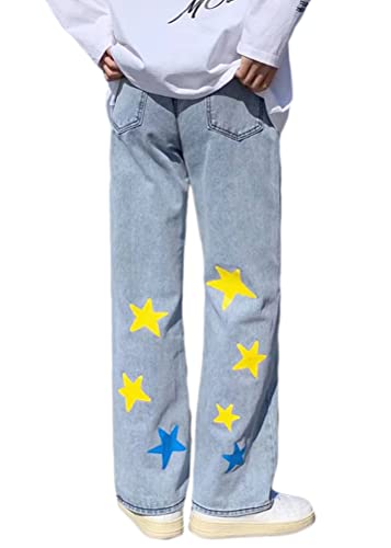ORANDESIGNE Baggy Jeans Bedruckt Herren Baggy Men Hip Hop Straight Leg Y2K Jeans Gewaschen Jeanshose Vintage Denim Hosen Teenager Jungen Skateboard Hose Streetwear ZB Blau S von ORANDESIGNE