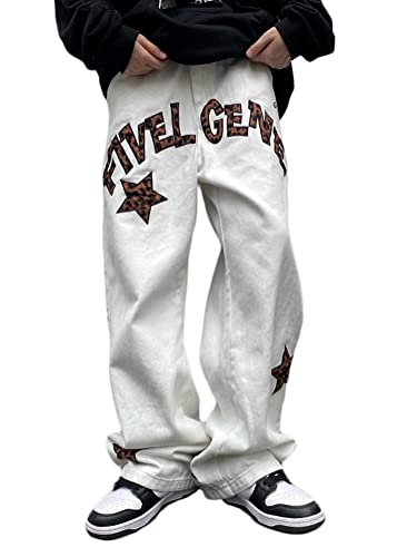 ORANDESIGNE Baggy Jeans Bedruckt Herren Baggy Men Hip Hop Straight Leg Y2K Jeans Gewaschen Jeanshose Vintage Denim Hosen Teenager Jungen Skateboard Hose Streetwear ZC Weiß M von ORANDESIGNE