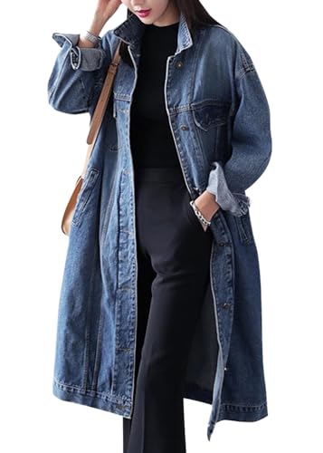 ORANDESIGNE Jeansjacke Damen Lang Elegant Herbst Winter Jeansmantel Lang Knöpfe Revers Jeans Mantel Parka Jacke mit Tasten B Blau XXL von ORANDESIGNE