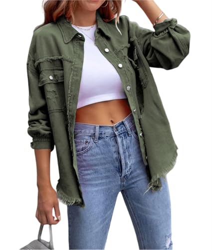 ORANDESIGNE Jeansjacke Damen Langarm Jeanshemd Damen Übergangsjacke Oversize Jeans Jacken Vintage Jeansbluse Ripped Denim Jacken A Armeegrün M von ORANDESIGNE